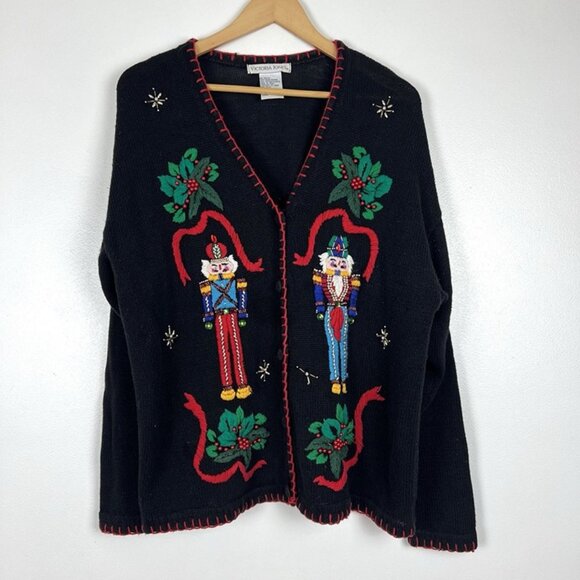 VTG Victoria Jones Nutcracker Cardigan Christmas Sweater sz L Beaded Embroidery - Picture 1 of 9
